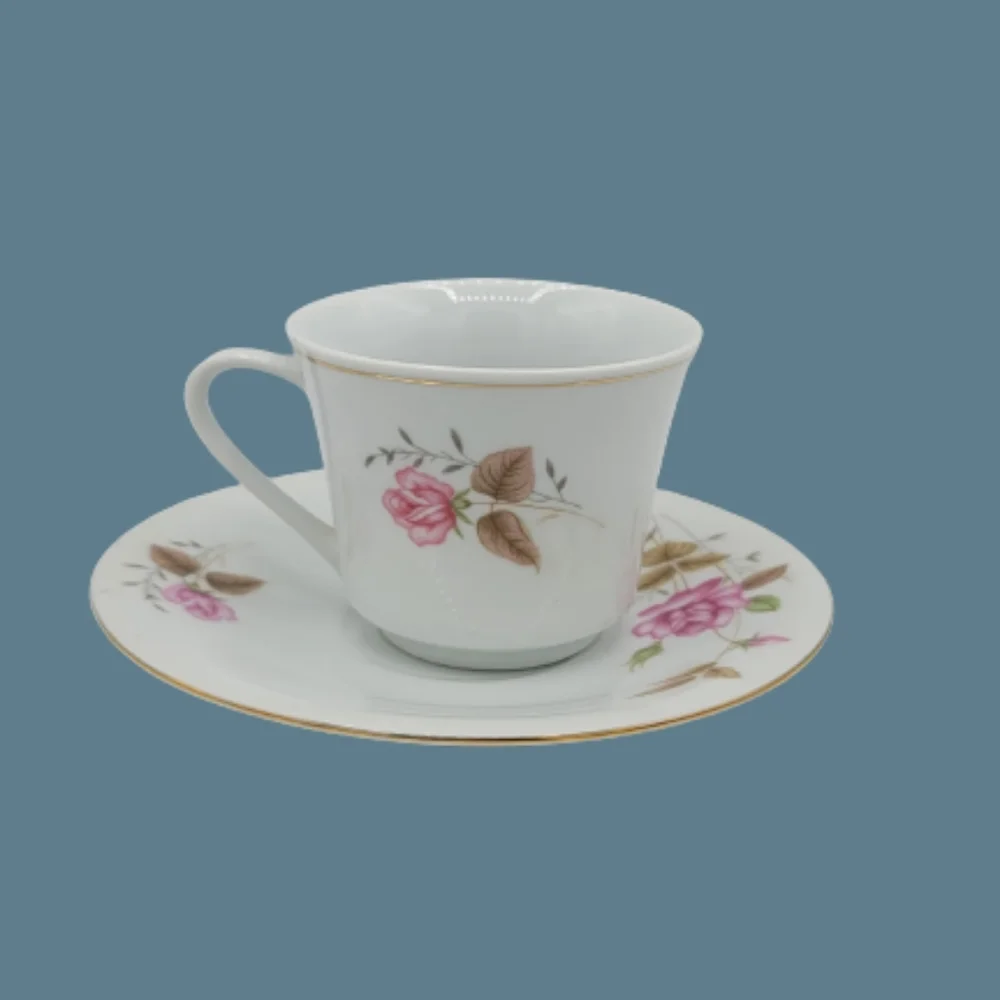 Elegant Rose Pattern Porcelain Tea Cup and Saucer Set, Gold Trim